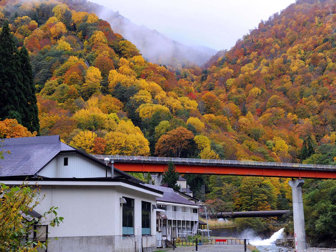 源泉かけ流しの紅葉露天風呂 長野県下水内郡栄村 秋山郷 切明リバーサイドハウス